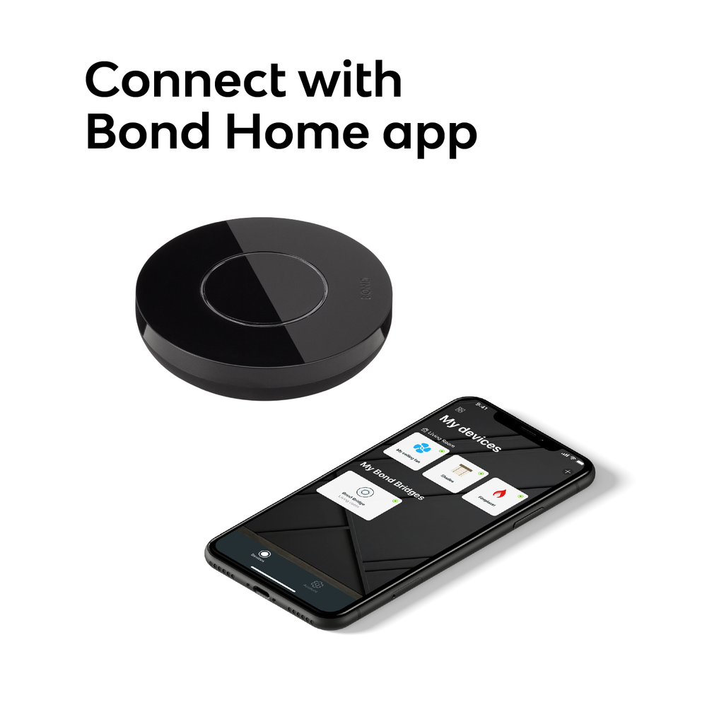 
                  
                    Bond Bridge app interface for controlling ceiling fans and fireplaces from a smartphone
                  
                
