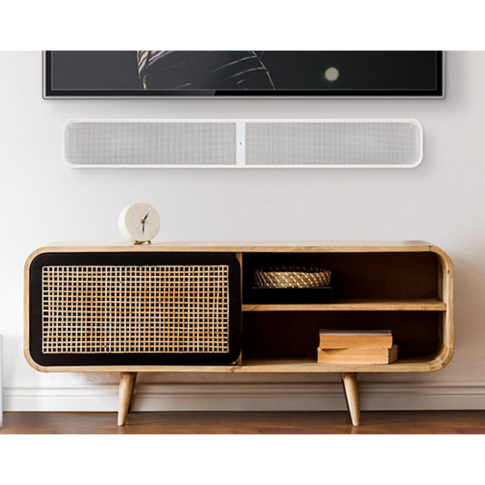 White Bluesound Pulse Soundbar + installed in living room