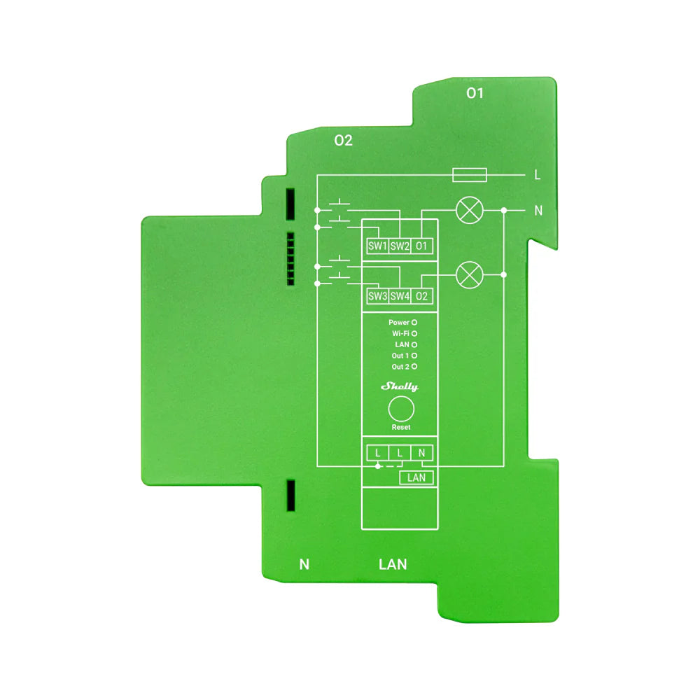 DIN rail Shelly Pro Dimmer 2PM with LAN, Wi-Fi, Bluetooth, and advanced lighting control