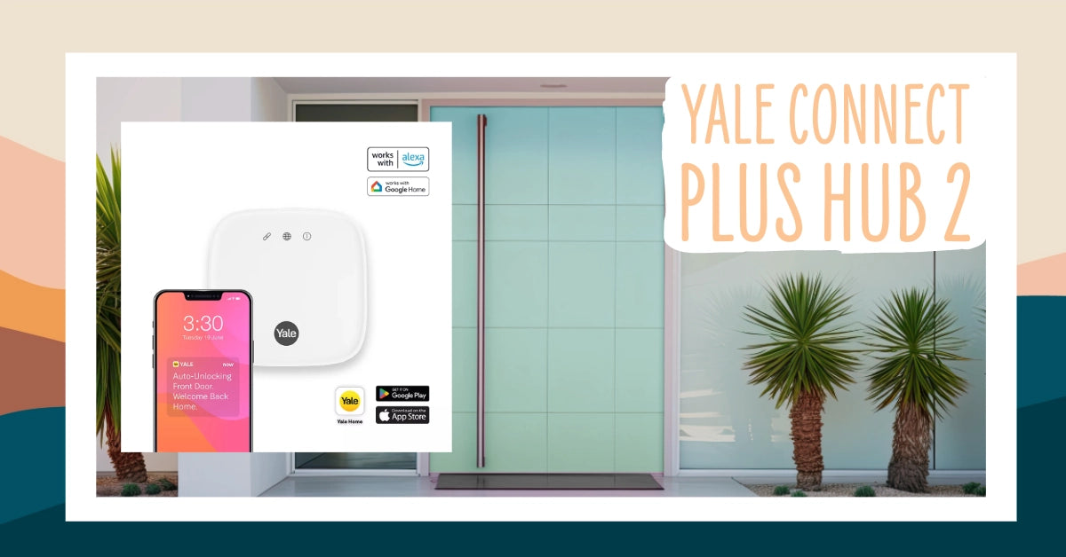 Yale Connect Plus Hub 2 shown with phone notification and front door